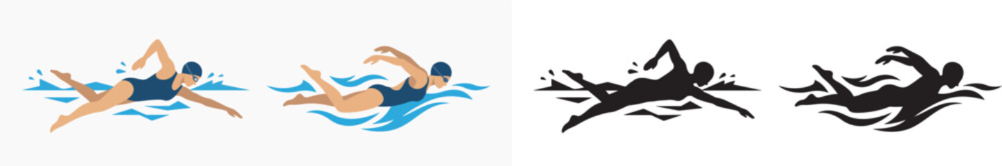 Fototapeta premium Set of swimming athlete icons and illustrations depicting freestyle strokes in water for sports and fitness branding