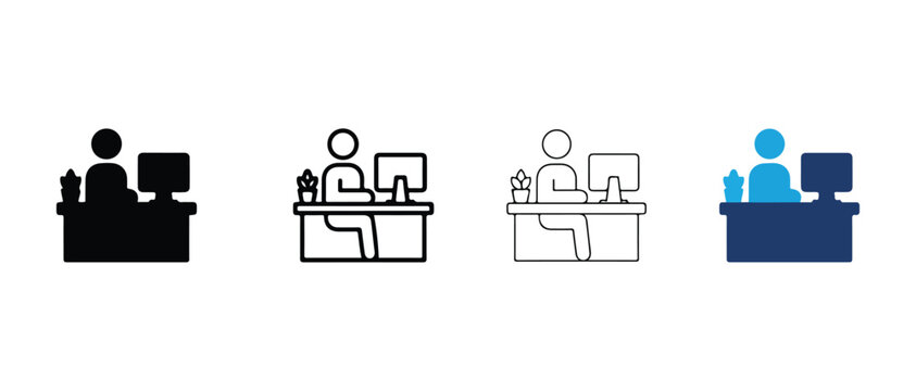 office worker icons in different styles sitting at desks with computers and plants