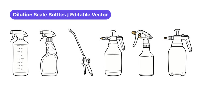 Spray bottle vector outline icons set with dilution scale, garden pump sprayer, trigger spray nozzle, and pressure wand illustration for chemical cleaning, industrial sanitization, and gardening icon