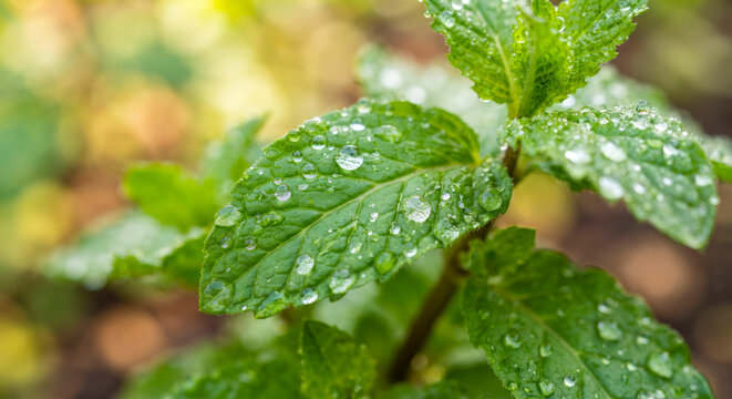 Closeup Of Fresh Mint Leaves With Dew Drop