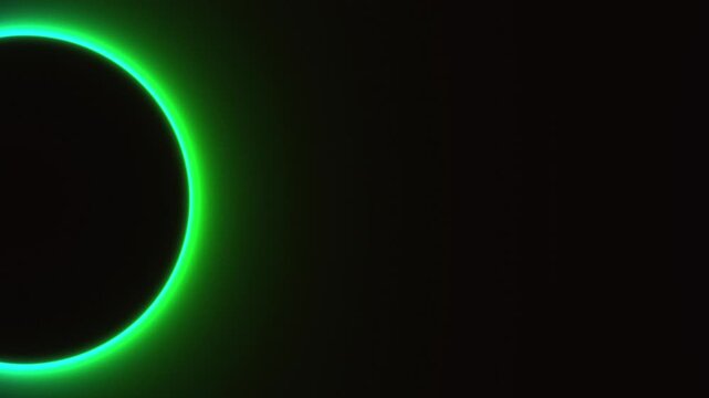 Abstract neon circles radiate bright green light over a dark void in a seamless 3D animation loop optimized for modern technology backgrounds and title sequences
