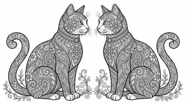 Two Ornate Zentangle Cats Facing Each Other Intricate Adult Coloring Page Line Art
