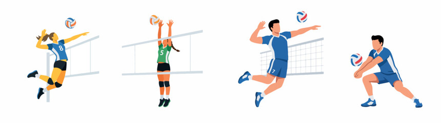 Collection of flat vector illustrations depicting dynamic volleyball player actions including spiking, blocking, and receiving © Mutia