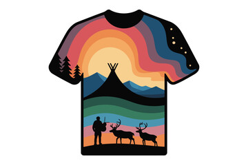 T-shirt print design with sunset landscape teepee deer and pine tree silhouettes © Sadek