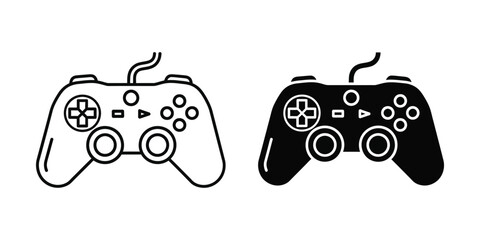 Pair of game controller in outline and solid black styles for digital gaming and interactive media gamepad © MDKADIR
