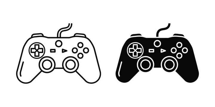Pair of game controller in outline and solid black styles for digital gaming and interactive media gamepad