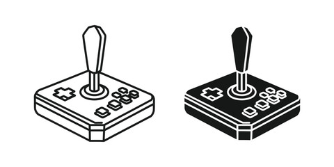 Retro arcade joystick controller set with outline and solid black silhouette for vintage gaming interface © MDKADIR