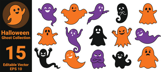 Obraz premium Halloween Ghost Collection with 15 Cute and Funny Spooky Characters, Editable Vector EPS 10 Clipart Bundle for Cricut, Stickers, Sublimation, Crafts and T Shirt Designs