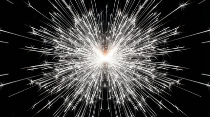 Obraz premium Sparkler emits a brilliant burst of white light and silver streaks in a festive display against a solid black background.