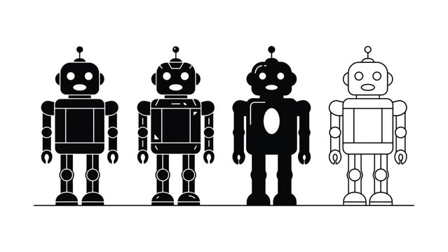 Four stylized robot characters standing in line illustration with transparent background