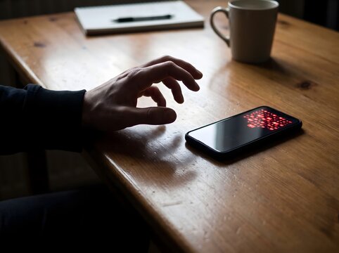 Hand reaching for smartphone on wooden desk
