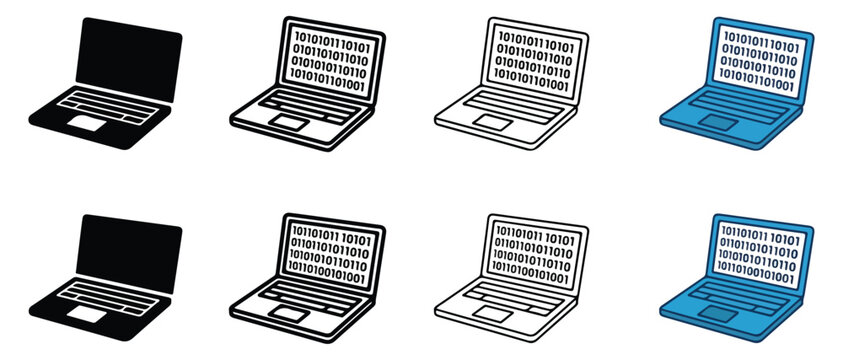 Laptop computer icons with binary code on screen in various colors and styles for technology and coding concepts  isolated on white background
