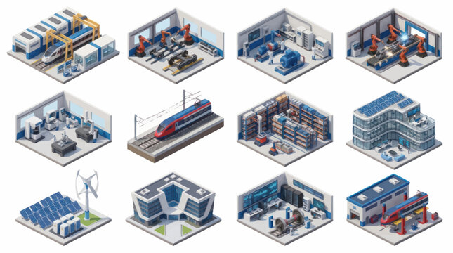 Modern Industrial Factory and Warehouse Isometric Illustrations.