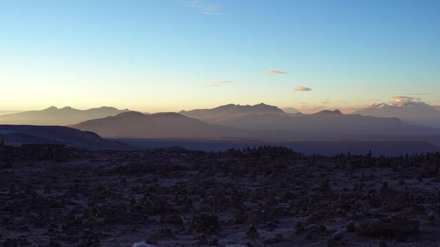 Beautiful sunrise panorama of the Peruvian Andes near Arequipa with volcanoes in the background