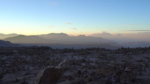 Beautiful sunrise panorama of the Peruvian Andes near Arequipa with volcanoes in the background