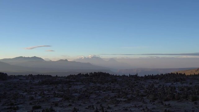 Beautiful sunrise panorama of the Peruvian Andes near Arequipa with volcanoes in the background