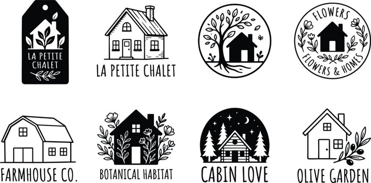 Rustic farmhouse logo design collection featuring black and white hand drawn cot