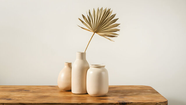 Minimalist decor with three ceramic vases and a dried palm leaf on wooden table