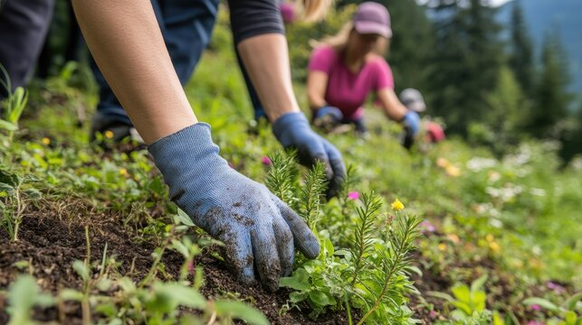 Woman wearing gloves working in a garden pulling weeds