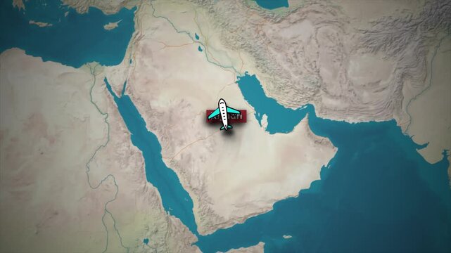 Flight Route from Riyadh to Moscow on Topographical Map Background