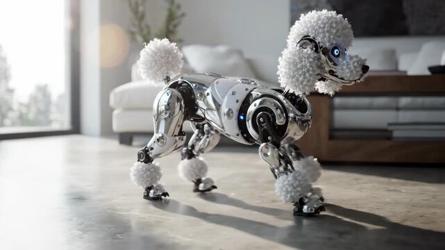 Robot dog walking floor with shiny metallic body and fluffy white fur modern living room featuring white sofa wooden table futuristic technology