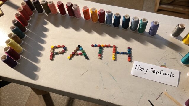 Colorful Threads Forming the Word 'Path' with a Sign 'Every Step Counts' in a Creative Workshop Environment