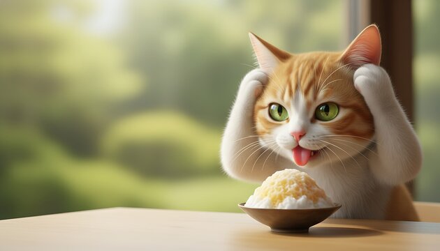Ginger cat enjoying shaved ice experiencing brain freeze