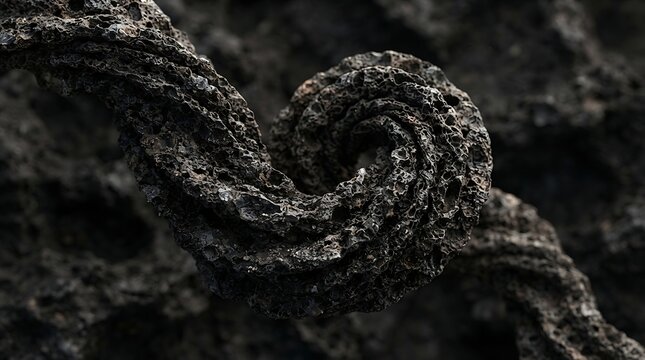Dark lava rock formation features a natural swirling spiral texture set against a volcanic background.