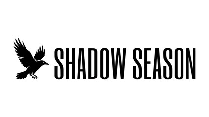 Raven Silhouette with Text SHADOW SEASON: A striking black silhouette of a raven in flight is positioned to the left of bold, dark lettering that reads SHADOW SEASON. © MahfujaSultana