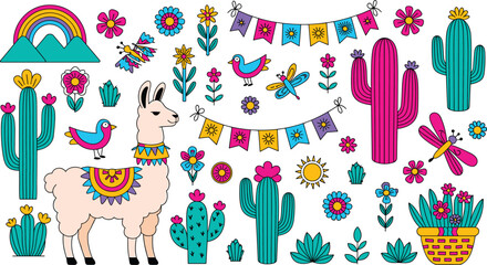 Cute llama clipart set featuring colorful desert elements cactus flowers birds rainbow bunting and mexican fiesta themed vector icons © Yesrath Hasan Sobuj