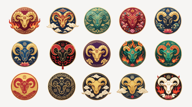 Detailed set of twelve circular vector illustrations featuring ram zodiac heads with vibrant traditional patterns and elegant decorative cultural motifs