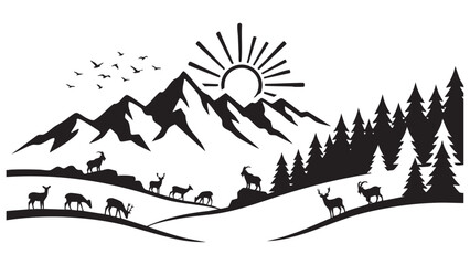 Fototapeta premium Minimalist Black And White Mountain Landscape Silhouette Featuring Grazing Deer Pine Forest And Radiant Rising Sun Vector Design For Vinyl Cutting