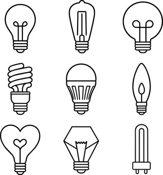 Outline set of assorted light bulb types including led spiral candle and heart bulb