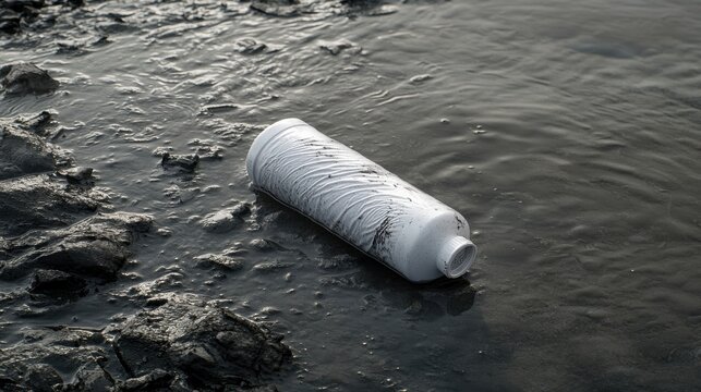 White plastic bottle floating in polluted water environment