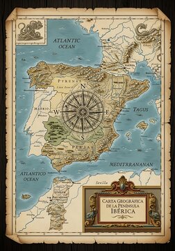 Antique map of Atlantic Ocean with sailing ships.