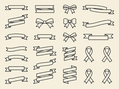 Minimalist outline ribbon banners and bows vector set