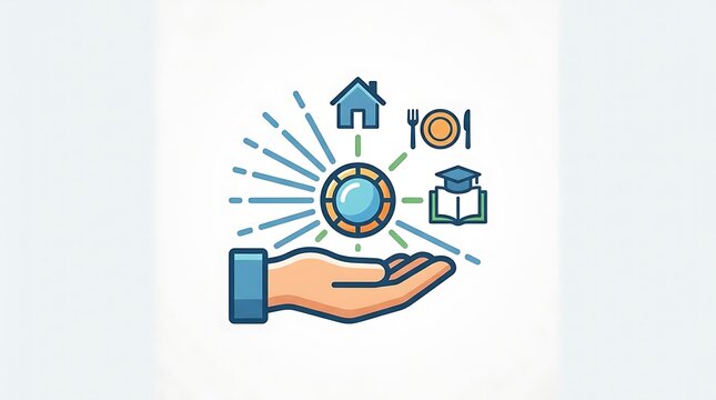 Hand supporting coin for food housing and education