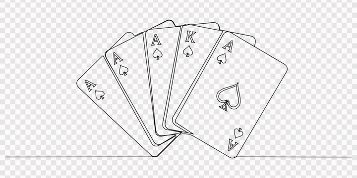 Single continuous line drawing set of four aces playing cards suits. Four of a kind aces poker hand. Set of heart, transparent background, Single one line drawing set of four aces playing cards suits.