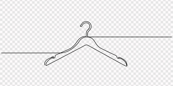 Clothes hanger continuous one line drawing minimal outline wardrobe storage icon, transparent background, One line drawing of clothes hanger. Continuous line of simple wardrobe object form. Fashion on