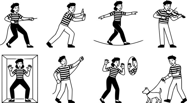 Mimes characters. Silent actors, pantomime and comedy performing, funny mimic poses. Male and female mimes characters vector illustration set