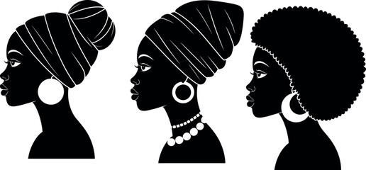 Beautiful black african american woman profile silhouette vector set with natural afro hair and traditional head wraps © Hossain 