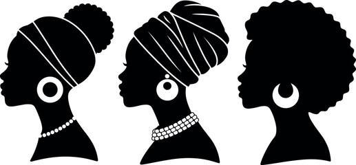 Black african american woman silhouette profile portrait vector set with afro hair and traditional head wrap © Hossain 
