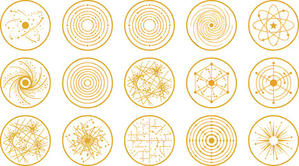 Sacred geometry astrology circle vector set featuring golden line art galaxy vortex orbits constellation stars and atom science symbols. © AFSANA AKTER