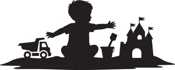 Child With Sand Toys Silhouette Black Shape Against White Background © Ranaart