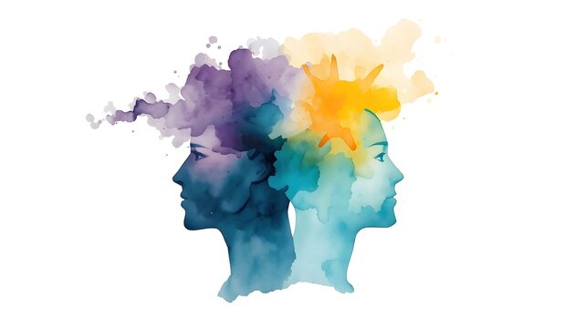 Watercolor Silhouette Illustration of Two Face Profiles Representing Bipolar Disorder, Mood Swings, Mania, and Depression