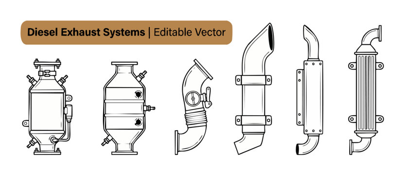 Diesel Exhaust System Vector Icons of Muffler DPF and EGR Cooler in line art style for automotive engineering, technical schematics, car repair, and mechanical engine maintenance on white background.