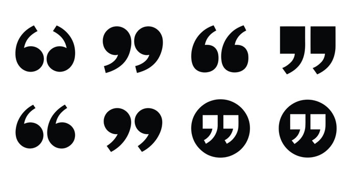 Quotation mark icons featuring black quote symbols in different styles for typography and vector illustration