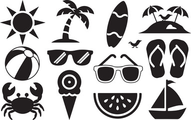 Obraz premium Summer Themed Silhouettes Beach Elements Collection On White Background