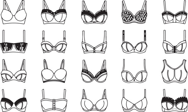 Collection Of Black And White Line Art Icons Representing Various Bras