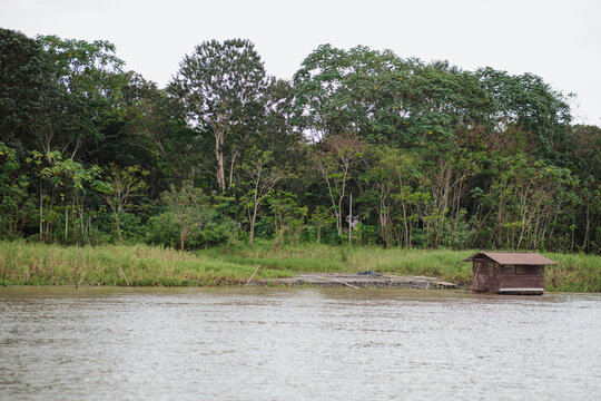 isolated wooden-plank houses in the middle of the Amazon rainforest